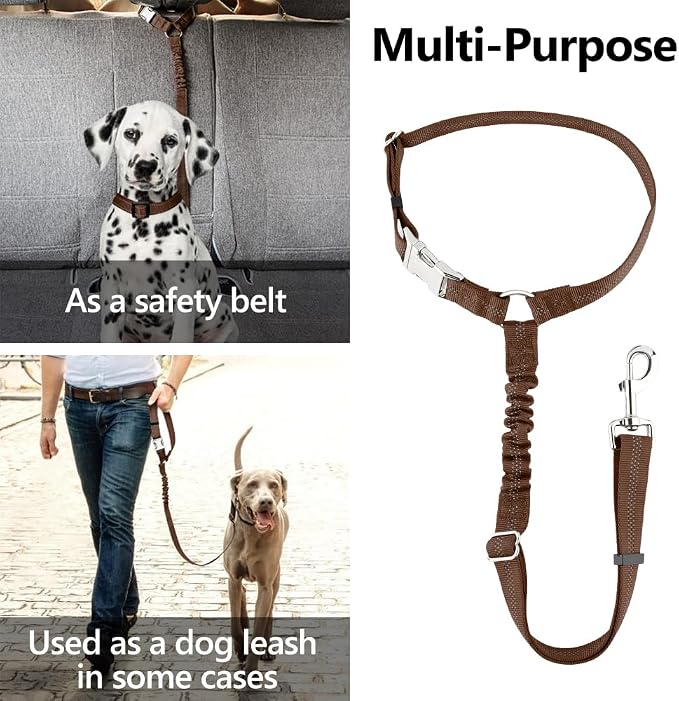 Plutus Pet Dog Seat Belt for Car Headrest, Reflective with Elastic Bungee | Adjustable Restraint for Safety, Vehicle Seatbelt Harness for Small Medium Large Dogs and Cats, Chocolate