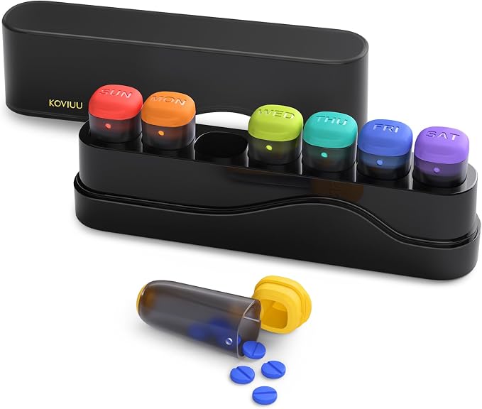 KOVIUU Weekly Pill Organizer 1 Time a Day, Detachable Pill Box 7 Day, Black | Travel Pill Case | Once Daily Medication Dispenser | Week Pill Holder Container for Vitamin, Medicine, Supplement | BPA-Free