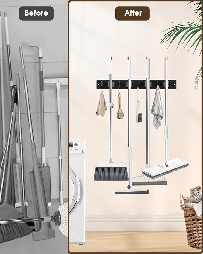 AceMining Black Broom Holder Wall Mount, 4 Holders 4 Hooks Mop Holder | Mop Holder Wall Mount and Broom Hanger for Garage, Laundry Room, Kitchen and Utility Storage