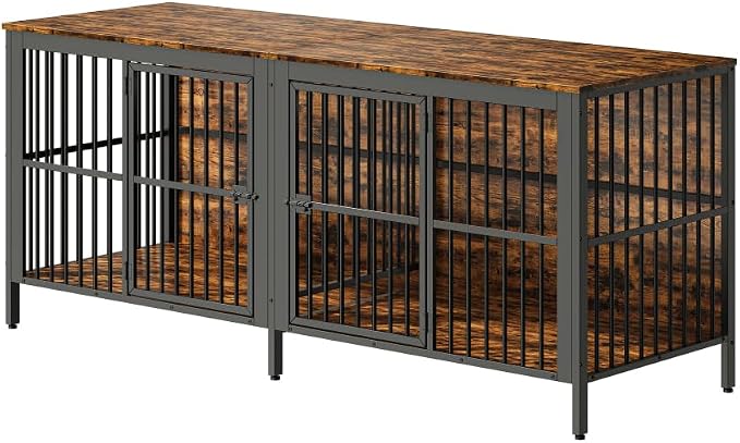 80" Dog Crate End Table, Heavy Duty 2-Door Indoor Pet Kennel, Rustic Brown, MDF and Iron, TV Stand or Side Table for Living Room