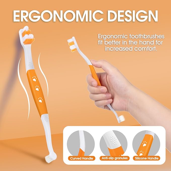 Dog Toothbrush – Newly Upgraded Dual-Head Design with 60° Wavy Bristles–Gently Surrounds Teeth for Deep Cleaning and Plaque Removal – Non-Slip Handle, Ideal for Daily Pet Dental Care (Orange, 2-Pack)