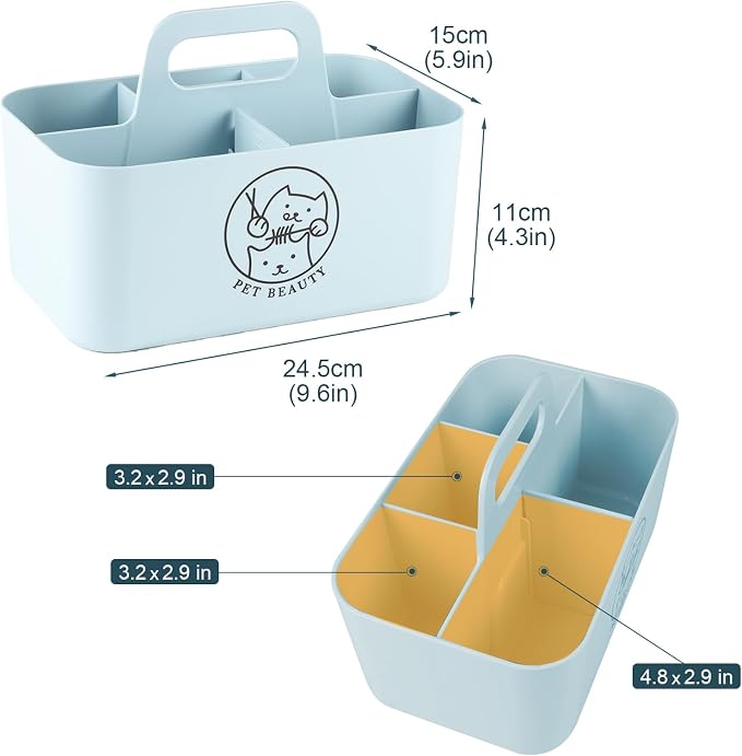 5-Compartment Blue Dog Stuff Storage Caddy, Portable Pet Grooming Organizer with Handle, 9.8" L x 6.1" W x 4.4" H