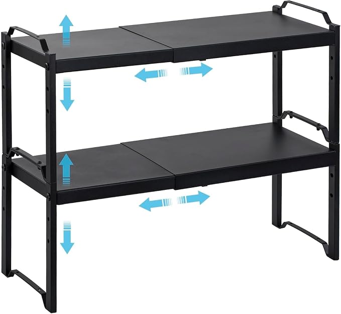 Expandable Cabinet Shelf Organizer, Adjustable kitchen Countertop Storage | 2 Pack Stackable Metal Kitchen Cabinet Countertop Storage Shelves, Heavy Duty Counter Cupboard Pantry Organizers, 20.5" Long