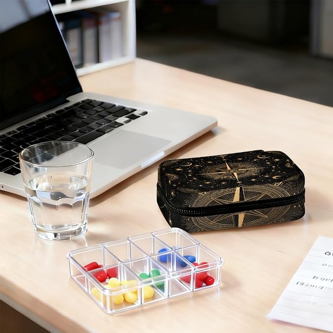 Travel Pill Organizer Black Gold Starry Compass Small Pill Case