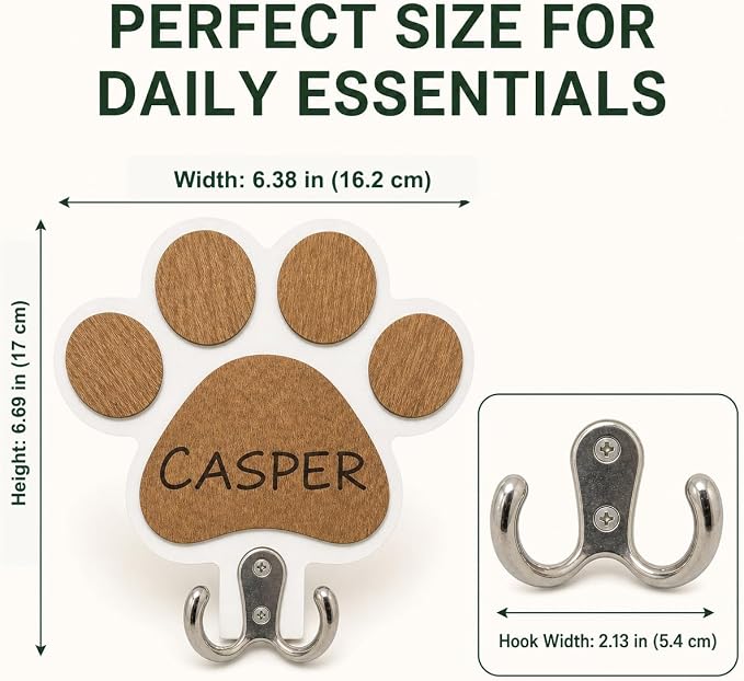 Personalized Dog Leash Holder for Wall, Custom Paw Print Wooden Wall Hook with Pet Name, Double Hook Organizer for Leashes Collars and Keys, Entryway Decor, Gift for Dog Lovers