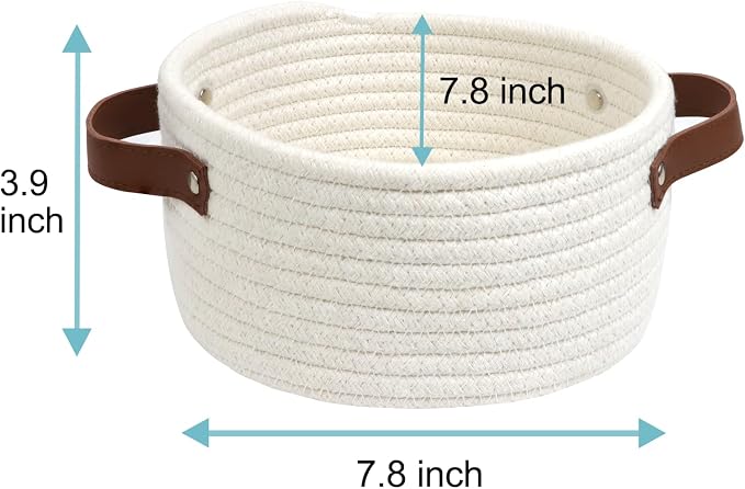 Small Woven Basket, Mini Cotton Rope Storage Basket with Leather Handle | Tiny Decorative Round Storage Bin, Cute Empty Gift Baskets for Organizing, Toy Organizer for Nursery, Boho Room Decor