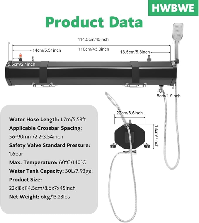 Pressurized Water Tank for Camping Shower, 7.93Gal Portable Camping Showerhead Handheld with Storage Bag, Roof Rack Shower for Hiking, Car wash, Pet Cleaning, Beach Vacations