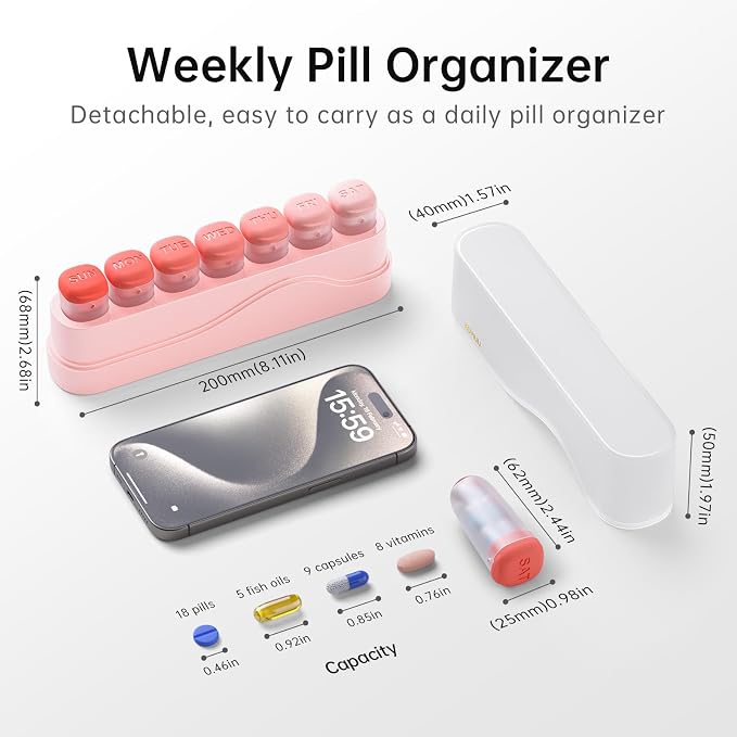 KOVIUU Weekly Pill Organizer 1 Time a Day, Detachable Pill Box 7 Day, Pink | Travel Pill Case | Once Daily Medication Dispenser | Week Pill Holder Container for Vitamin, Medicine, Supplement | BPA-Free