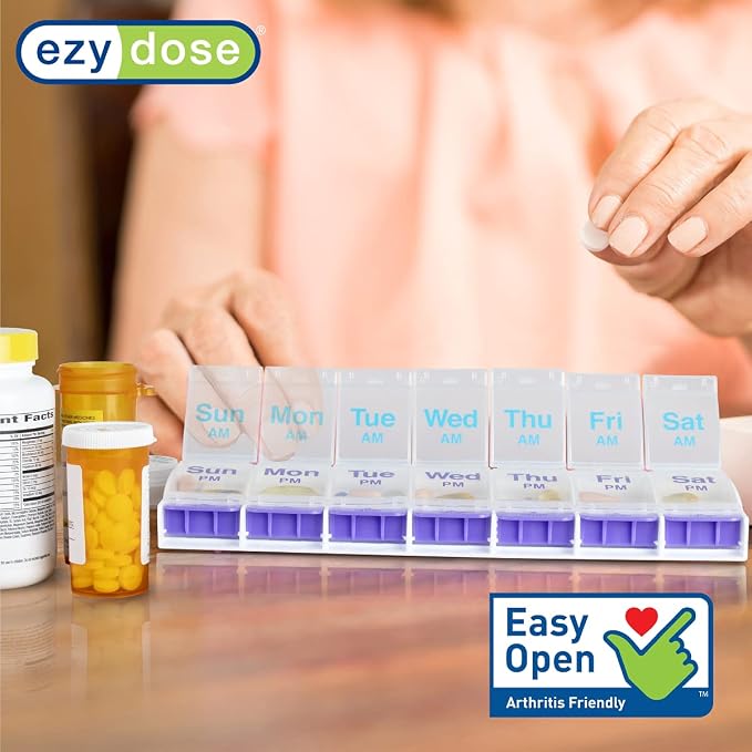 EZY DOSE Weekly (7-Day) Pill Case, Medicine Planner, Daily Vitamin Organizer Box, X-Large Push-Button Compartments, Convenient and Easy to Use, Arthritis Friendly, Clear Lids, Color May Vary, BPA Free