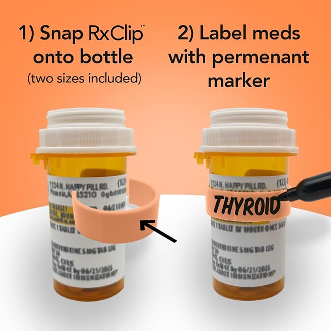 20 Pack Medicine Bottle Label Clips for Easy Medication Identification - 20ct Multipack with Marker (Peach)