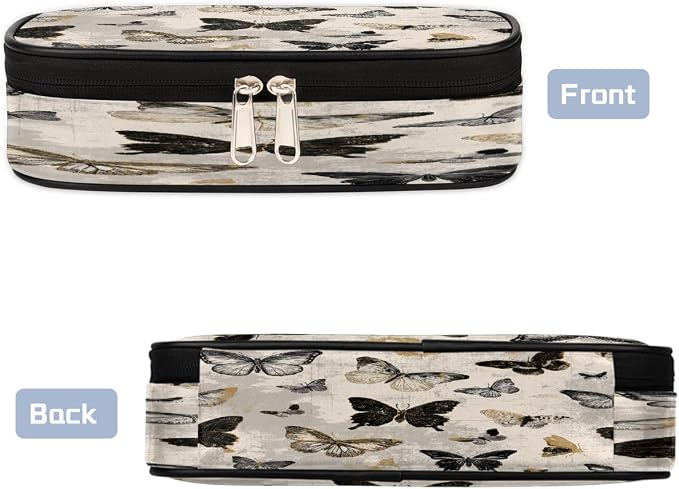 Pencil Case Pouch, Vintage Gold Black Butterfly Large Pen Bag with Zipper, Portable Zipper Pencil Pouch Organizer for Student Teen Girls Boys