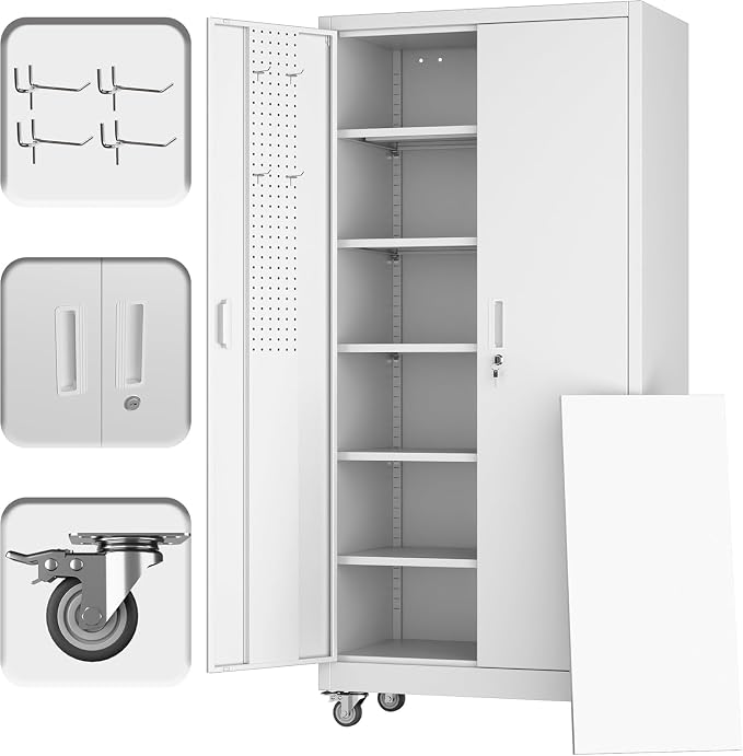 Reemoon 71-Inch Metal Garage Storage Cabinet with Wheels, White | 18 x 34 x 71 in rolling steel cabinet with 5 adjustable shelves, pegboard, locking doors, and 4 casters; assembly required.
