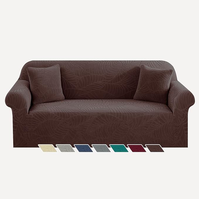 YEMYHOM Couch Cover Latest Jacquard Design High Stretch Sofa Covers for 3 Cushion Couch, Pet Dog Cat Proof Slipcover Non Slip Magic Elastic Furniture Protector (Large, Begonia Leaf Coffee)