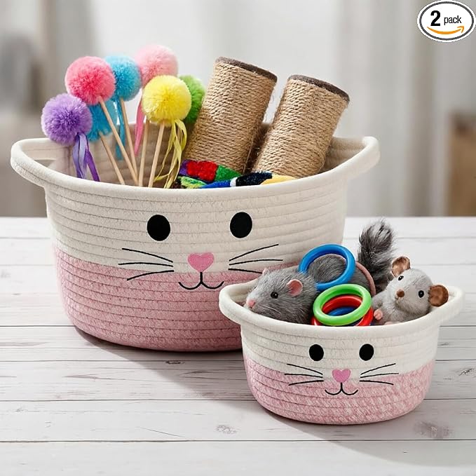 2 Pack Cat Toy Storage Baskets with Cat Design, Woven Cotton Rope Pet Toy Organizer with Handles, Foldable Baskets for Home Decor, Gift Basket for Cat Lovers, White & Pink
