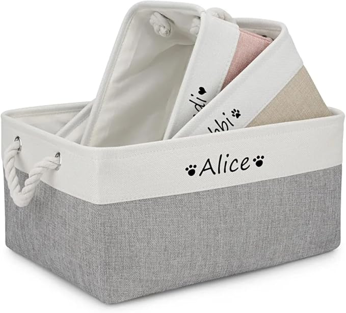 Pet Toy Storage Box Dog Toy Organizer Basket Personalized Large Capacity Collapsible Bin Two-Tone Linen Chest with Sturdy Handles for Living Room Pet Supplies Organizing (White Pink L)