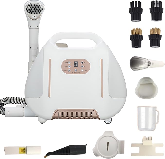 Rolling Upholstery and Carpet Cleaner with Steam and Vacuum, Digital Touch Screen, Detachable Water Tank, Portable Handle, Hose and Wire Storage Rack for Pet, Couch, Rug, Floor