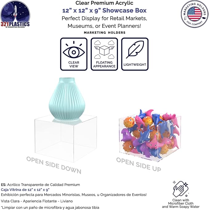 12" x 12" x 9" Clear Acrylic Display Box with One Open Side No Lid Versatile Square Dust Cover Retail Product Riser or Merchandise Storage Bin by Marketing Holders