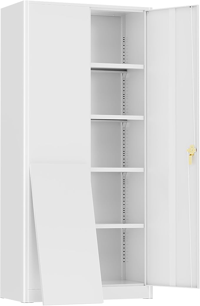Greenvelly Metal Storage Cabinet, 72" Locking Metal Garage Storage Cabinet with Doors and 4 Adjustable Shelves, Lockable Steel Cabinets for Home Office, Garage, Shop, School (White 36" W x 18" D)