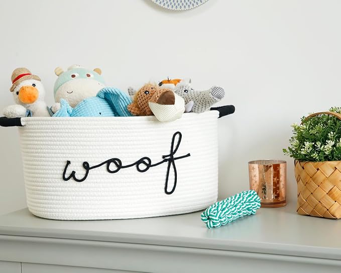 Woof Dog Toy Basket Woven Pet Baskets Storage Bin Box with Durable Handles, Pet Supplies Puppy Bins Perfect for Organizing Dog Toys Blankets and Accessories