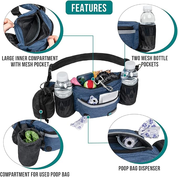 PetAmi Dog Fanny Pack, Treat Pouch for Dog Walking Training, Navy Blue | Built in Poop Bag Dispenser, Water Bottle Holder, Collapsible Bowl, Pet Treat Waist Belt for Hiking Running Kibbles