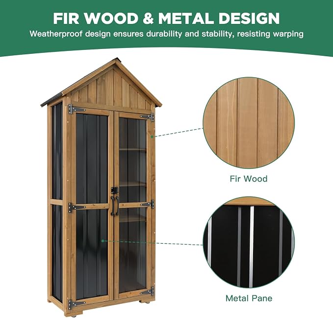 Ketive Outdoor Storage Cabinet, Wood & Metal Storage Shed with Weather-Resistant Roof, Adjustable Shelf, Lockable Doors & Adjustable Feet, for Garden, Patio, Backyard, 27.5" x 13" x 67"