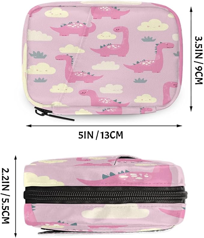 Weekly Pill Organizer Travel Size Bag with Removable 7 Day Pill Box Portable Vitamin Case Purse with Zipper,Pink Dinosaurs Clouds Pattern