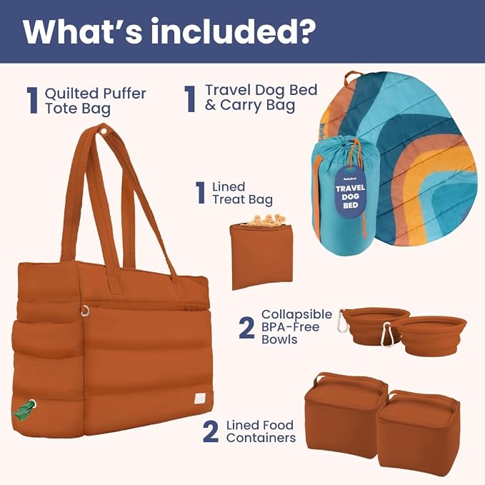rubyloo Dog Mom Bundle - Puffer Tote with Storage Containers (Rust) and Travel Dog Bed Large (42”x30”) (Sunset Surf Teal) - Travel Bag and Portable Outdoor Bed Set