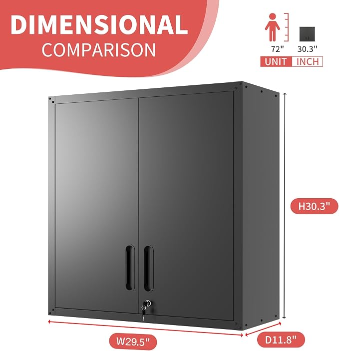 Garage Wall Cabinet with 2 Locking Doors Metal Storage Cabinet,Black | Wall Mounted Heavy Duty Steel Tool Cabinet Hanging Cabinet for Garage Warehouse Bathroom Kitchen,Assembly Required