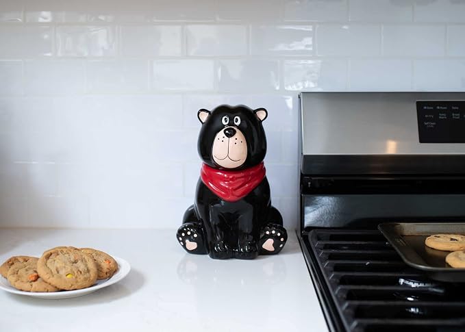 Black Bear Handkerchief 10 x 7.9 Dolomite Ceramic Everyday Cookie & Candy Jar with Airtight Lid: Perfect for Kitchen Canisters, Pet Treat Containers & Decorative Storage