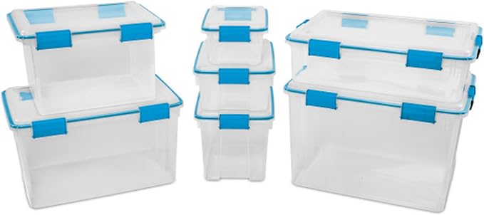 Sterilite Gasket Storage Box with Lids for Home & Office, 54 Quart, 12-Pack | Heavy-Duty, Stackable, and Organizing Containers for Bathroom, Cabinet, Closet, and Garage, Clear and Blue Aquarium Latches