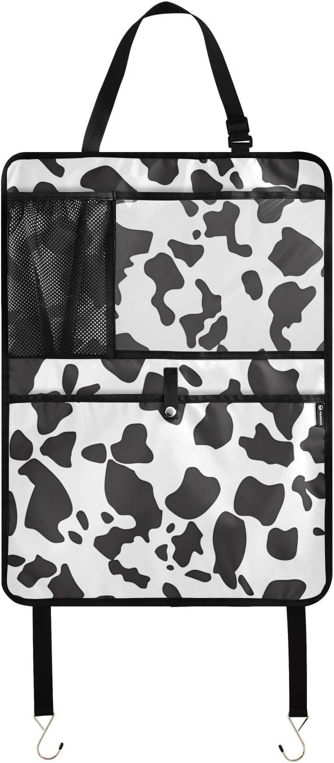 JIPONI Car Backseat Organizer, Cow Print 3 Automotive Back Seat Protector, Kick Mats with Storage Pockets for Kids Pets, Road Trip Accessories (2 Pack) | Automotive Back Seat Protector, Kick Mats with Storage Pockets, For Kids Pets, Road Trip Accessories