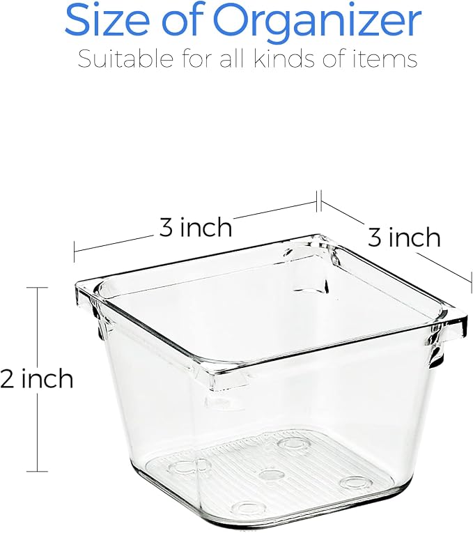 Ravinte 6 Pack Drawer Organizer, 3" X 3" Plastic Storage Bins | Acrylic Tray Design, Non-Slip Pads, For Makeup, Jewelry, Kitchen Utensils, Bathroom, Office Storage
