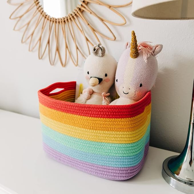 OrganiHaus Rainbow Baskets for Shelves, Set of 3, 15x9x10 | Colorful, handwoven cotton rope; a toy bin for playroom, classroom, or girls' room decor; great for nursery too
