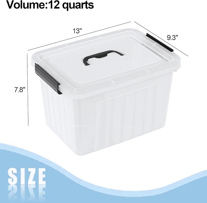 12 Quart Plastic Clear Storage Latching Bins with Lids, 6 Packs | Stackable Plastic Containers with Handles for Organization