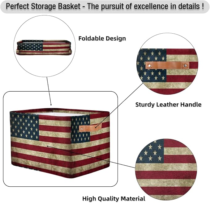 Pardick Storage Basket American USA Flag, Large Foldable Organizer Storage Bins for Shelves, Sturdy Canvas Cubes Storage Boxes with Handles for Toys Closet Nursery Office Living Room 15" x 11" x 9.5"