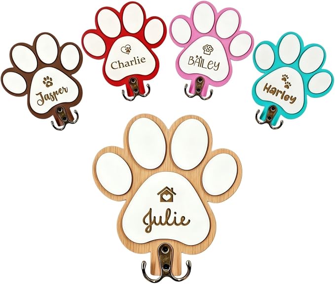 Personalized Dog Leash Holder Wall Mount, Custom Engraved Wood Paw Hanger, Entryway Key Rack Collar Harness Organizer Hook Gift for Pet Lovers(Natural)