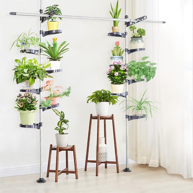 Plant Stand Floor to Ceiling-12 Trays Flower Pot Holder Tension Rod | Indoor Telescopic Navy Blue Display Rack with 2 Hooks & Drying Rod | Adjustable Storage Organizer for Home Garden Decor