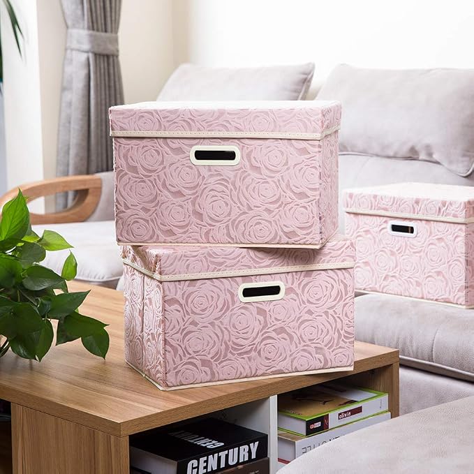 Collapsible Storage Boxes with Lids Fabric Decorative Storage Bins Cubes Organizer Containers Baskets with Cover Handles Divider for Bedroom Closet Living Room 14.9x9.8x9.8 Inch 1 Pack