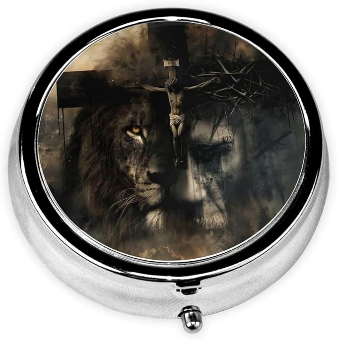 Lion and Cross Portable Pill Organizer | 3 Compartment, With Mirror, For Men Women, For Daily Supplements, Vitamins, Fish Oil, Jewelry, Candy, Travel