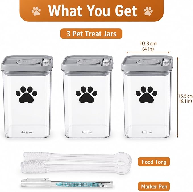 3-Pack Airtight Pet Treat Jars | 48oz Clear Dog & Cat Food Storage Container | Dog Cat Treat Container for Kitchen Counter | Small Dogs Kibble Bin | Dog Cookie Jar - BPA free