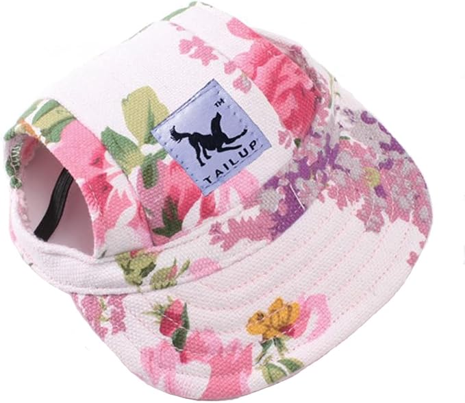 Leconpet Baseball Caps Hats with Neck Strap Adjustable Comfortable Ear Holes for Small Medium and Large Dogs in Outdoor Sun Protection (XL, Colour Flower)