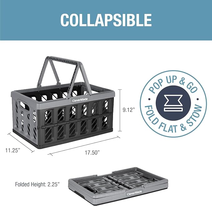 CleverMade Eco Collapsible Shopping Basket with Handles, 24L Stone, 3 Pack | Keep Groceries Upright in the Car | Rigid Walls Carry 25 lb Each, Stack Securely, and Fold to 2.25 Inches for Storage