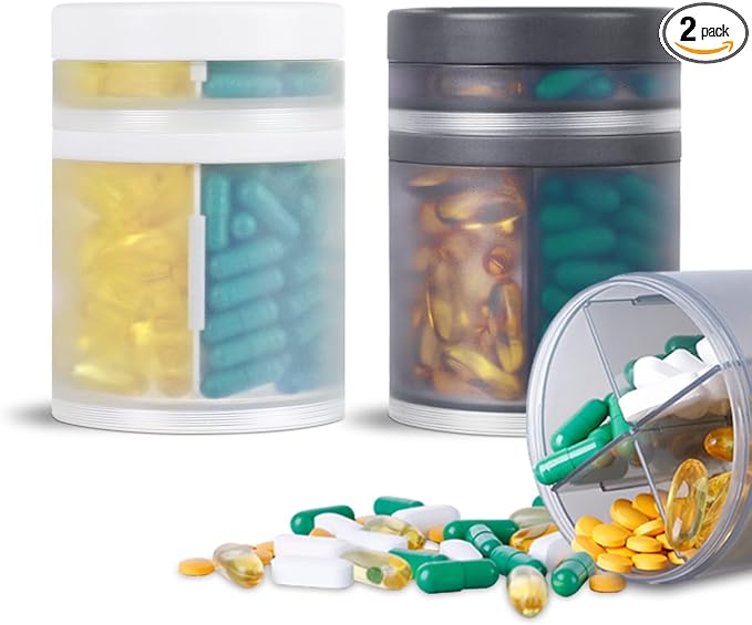 KIGI 2 Pack Extra Large Capacity Double Layers Medicine Organizer and Pill Case with 8 Compartments, Medicine Dispenser, Monthly Vitamins Organizers, Pill Bottle