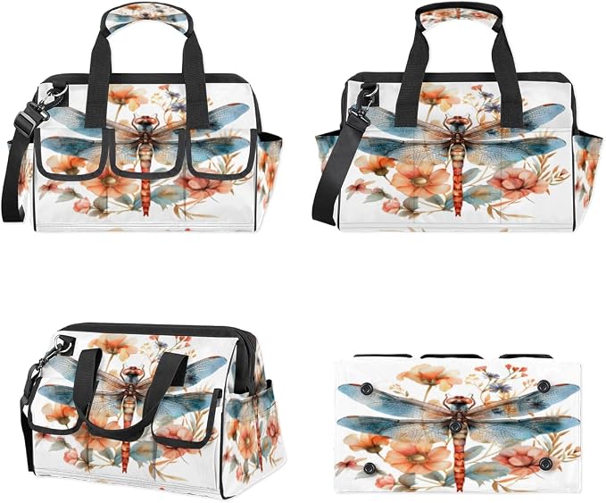 Flower Dragonfly Heavy Duty Tool Bag 14.8 Inch Floral Dragonflies Portable Soft Tool Box Organizer Storage with Adjustable Shoulder Strap