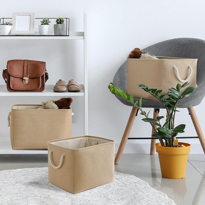 Organization and Storage Basket for Organizing - 3 Pack 16x12x12 inch Cube Fabric Storage Cubes, Storage Bin for Shelves Gift Closet Organizer Cloth Toy (Beige)