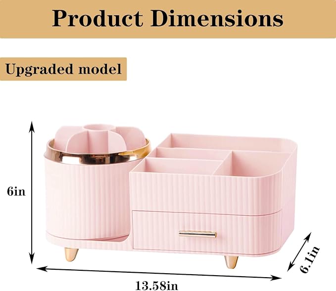 Rotating Makeup Organizer for Vanity with Brush Holder and Drawer, Cosmetic Makeup Storage, Large Spinning Makeup Skincare Organizer, Countertop Makeup Perfume Organizer, Lotions Display Case (Pink)