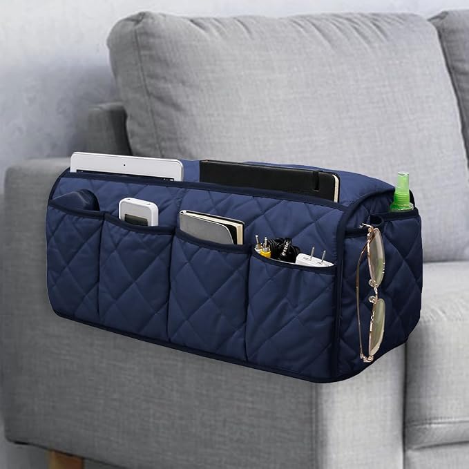 Sofa Armrest Organizer,Couch Remote Control Holder with 14 Pockets Waterproof Non Slip Recliner Organizer for TV Remotes Caddy, Book, Magazines, Ipad