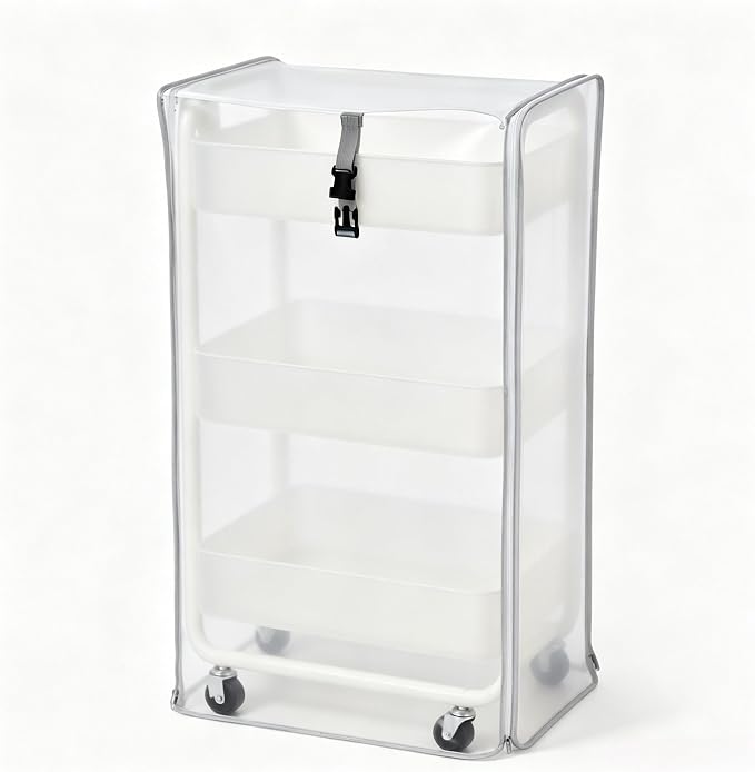 Utility Cart Cover Heavy Duty Dustproof Fits 17x13x31in Supply Cart | Frosted semi-transparent PVC cover keeps cart contents visible yet neat, moisture, and daily home clutter buildup