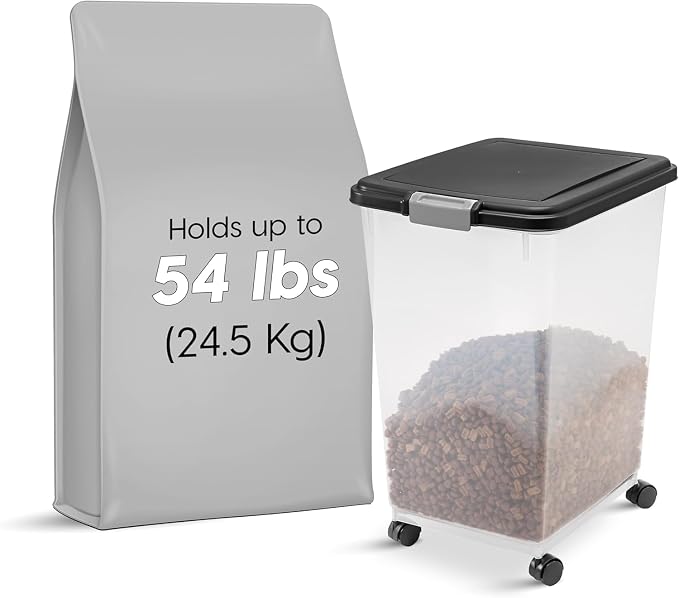 IRIS USA Dog Food Storage Container, Up to 54 lbs, Black, Made in USA | Wheels for Mobility, Airtight Seal, BPA-Free, Best for Bird Seed, Cat food, Cat Litter, Chicken Feed, Pellets, Flour, Rice