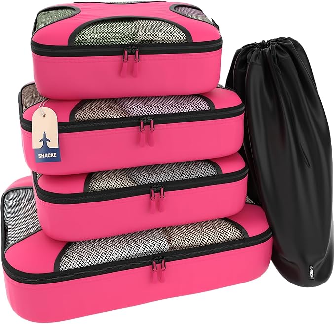 Shacke 5 Set Packing Cubes for Travel with Laundry Bag (Precious Pink) | Suitcase Organizer Bags Set: 4 Water-Resistant Luggage Cubes, XL to Small, + Laundry Bag for Carry-On or Checked
